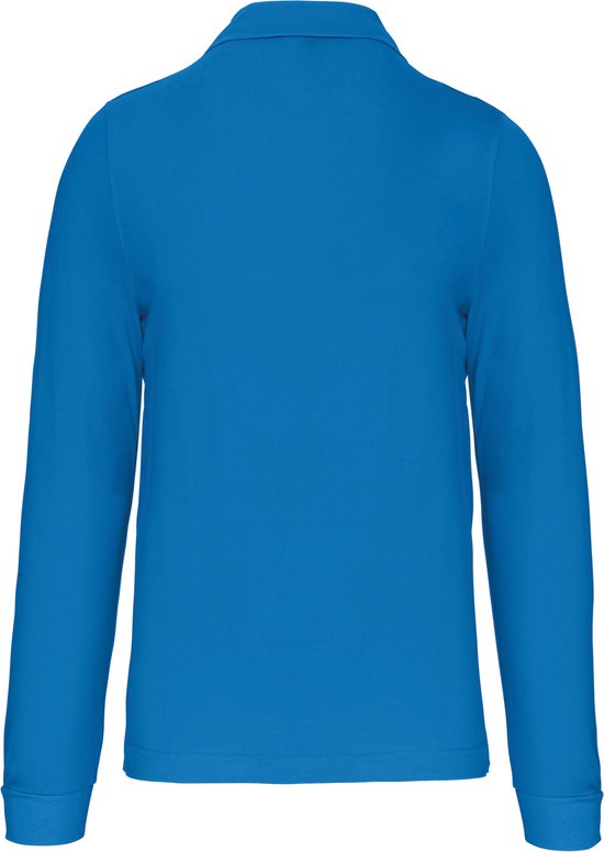 Achterkant van een tropisch blauw herenpoloshirt met lange mouwen.