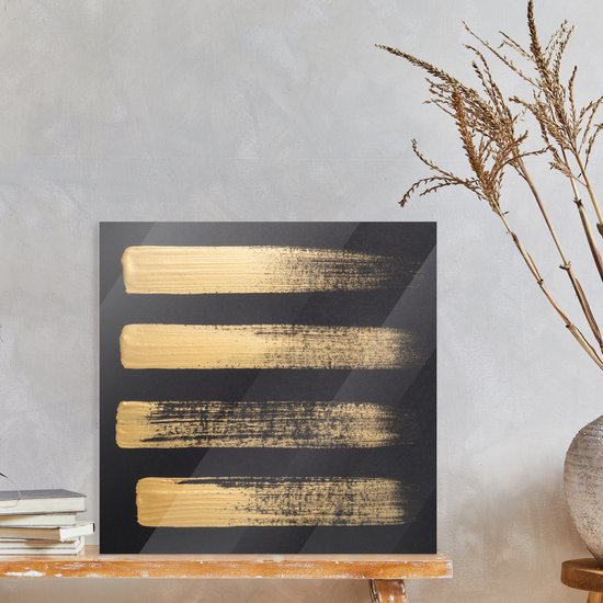 MuchoWow® Glasschilderij 50x50 cm - Schilderij acrylglas - Patroon van gouden verf op een zwarte achtergrond - Foto op glas - Schilderijen