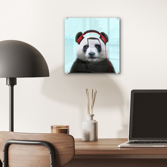 MuchoWow® Peinture sur verre 20x20 cm - Peinture sur verre acrylique - Panda - Casque - Animal - Notes de musique - Rouge - Photo sur verre - Peintures