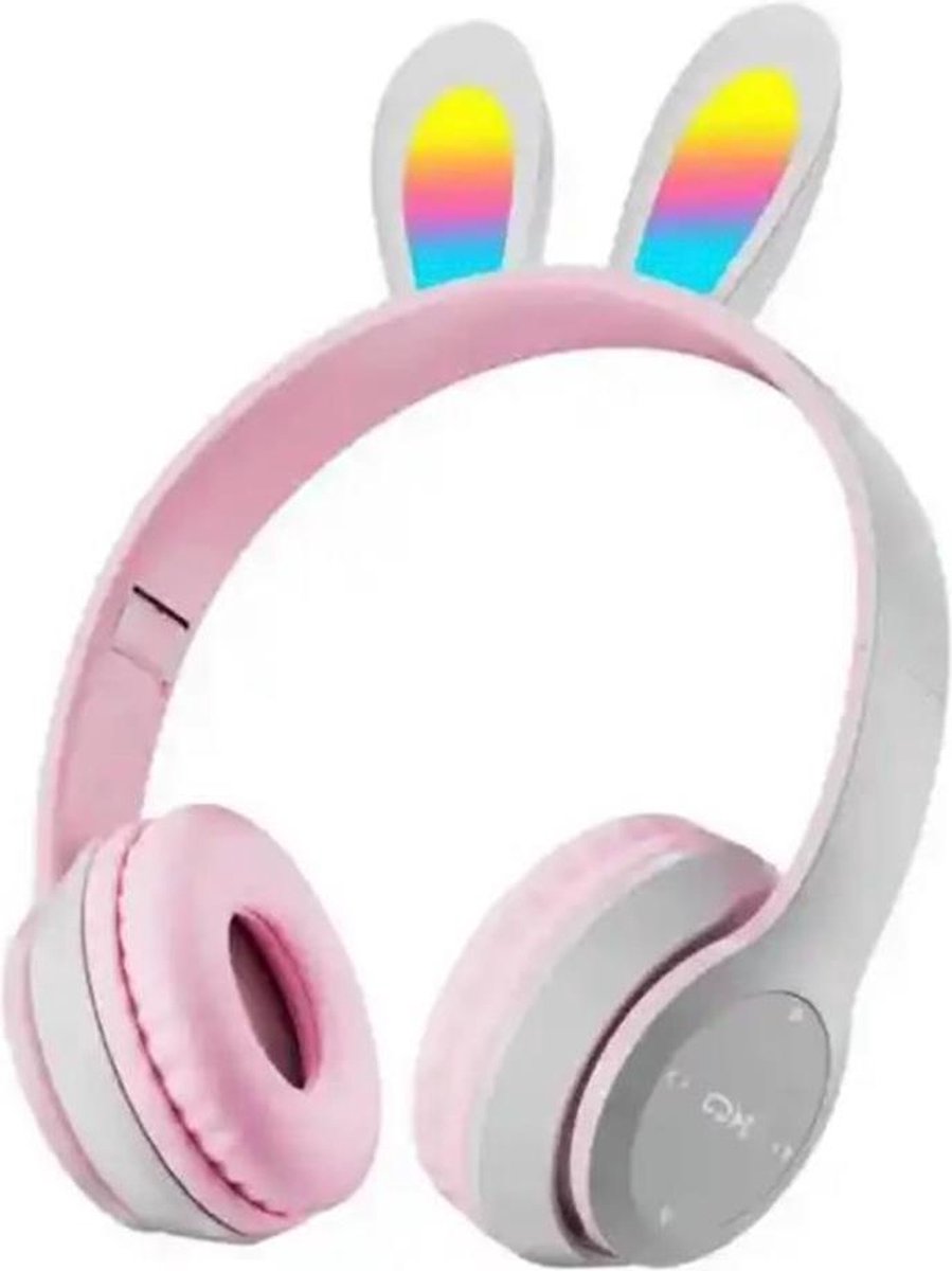Kinder Hoofdtelefoon-Draadloze Koptelefoon-Kinder Headset-Over Ear-Bluetooth-Microfoon-Konijn Oorjtes-Led Verlichting-Opbergzak-Licht-zilver