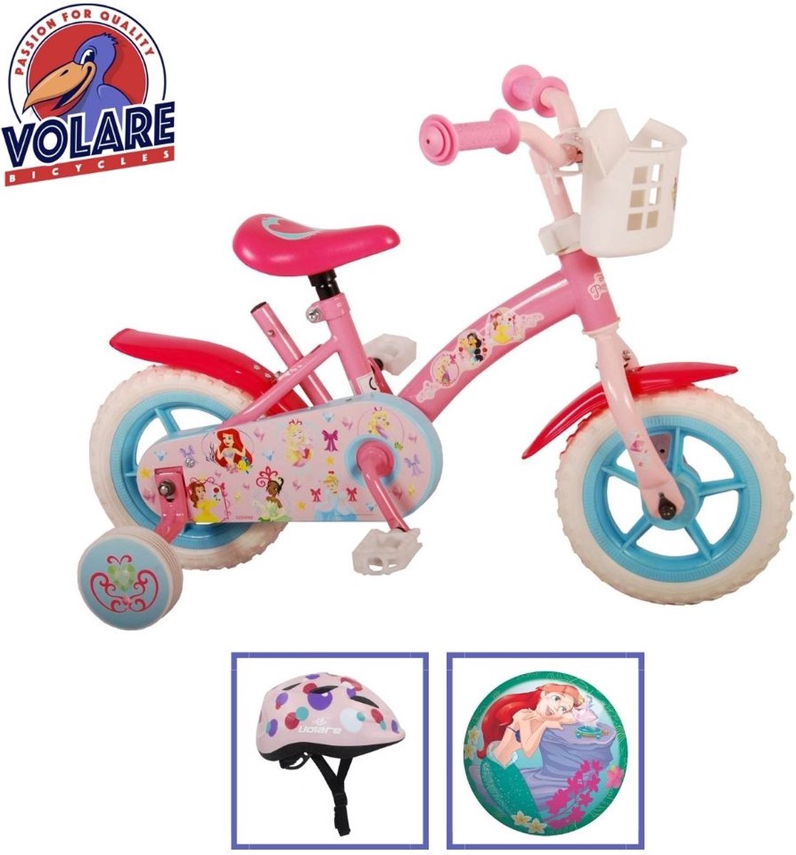 Volare Kinderfiets Disney Princess - 10 inch - Doortrapper - Met fietshelm en accessoires