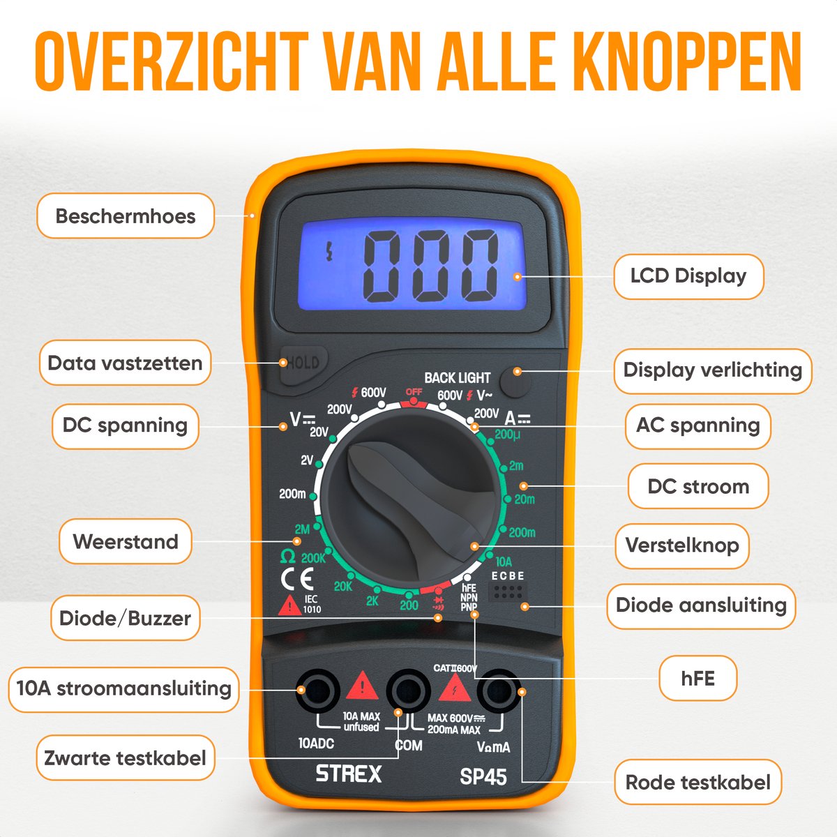 Digitale Multimeter - AC / DC - Incl. 9V Batterij, Klemtangen & Opberghoes - Multi Meter van Strex — cadeau in Tuin & Klussen - foto 4