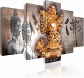 Peinture - Bouddha - Souriant, Bronze / Argent, 5 panneaux, impression premium sur toile