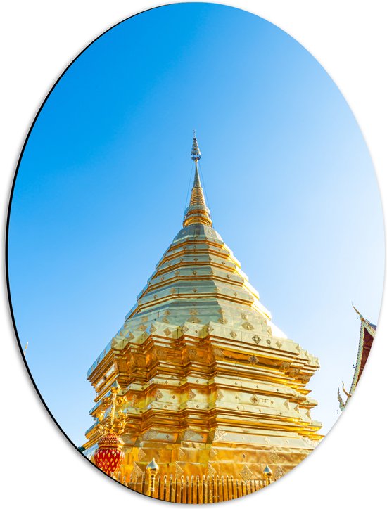 Dibond Ovaal - Boeddhistische Wat Phrathat Doi Suthep Tempel Vol met Gouden Versieringen - 42x56 cm Foto op Ovaal (Met Ophangsysteem)