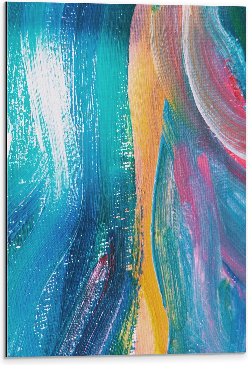 Dibond - Blauwe Verf Strepen met Gele en Roze Details - 40x60 cm Foto op Aluminium (Met Op
