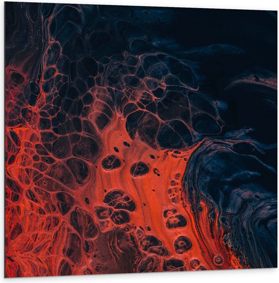Dibond - Blauw met Oranje Verfmix - 100x100 cm Foto op Aluminium (Met Ophangsysteem)