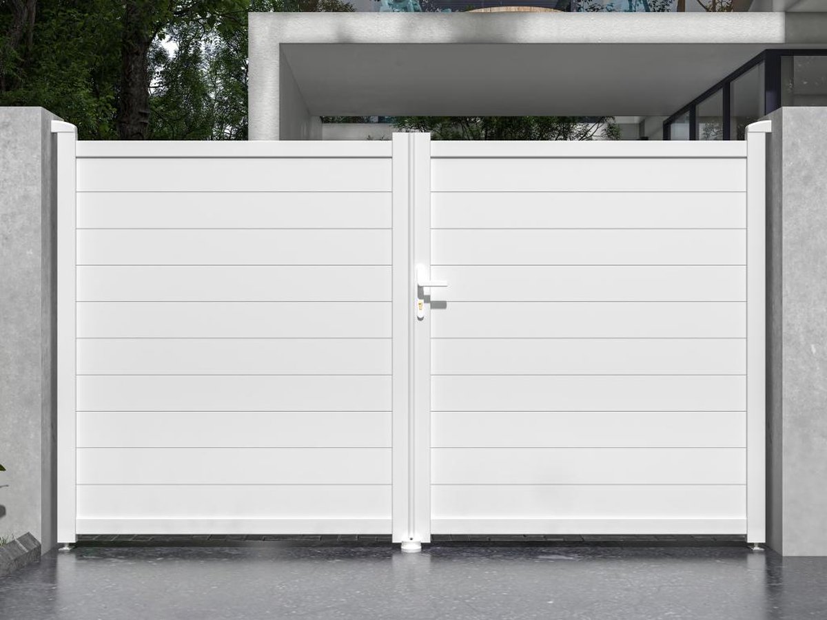 EXPERTLAND Elektrische draaipoort van aluminium L305 x H181 cm wit - NAZARIO L 300 cm x H 173 cm x D 4.6 cm