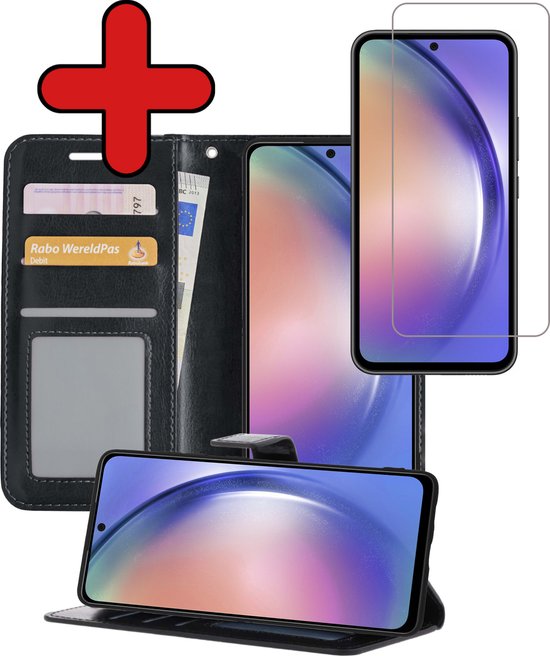 Hoesje Geschikt voor Samsung A54 Hoesje Book Case Hoes Portemonnee Cover Walletcase Met Screenprotector - Hoes Geschikt voor Samsung Galaxy A54 Hoes Bookcase Hoesje - Zwart