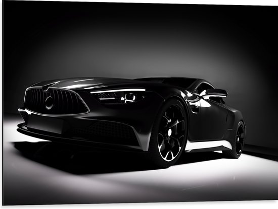 WallClassics - Dibond - Zwarte Auto in Grijs met Zwarte omgeving - 80x60 cm Foto op Aluminium (Met Ophangsysteem)