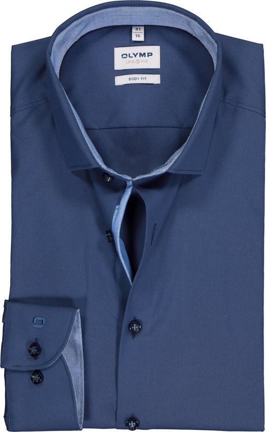 OLYMP Level 5 body fit overhemd - mouwlengte 7 - popeline - rookblauw (contrast) - Strijkvriendelijk - Boordmaat: 38