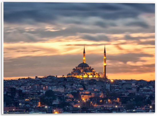 WallClassics - PVC Schuimplaat - Süleymaniye-Moskee op Begin van de Avond in Istanbul, Turkije - 40x30 cm Foto op PVC Schuimplaat (Met Ophangsysteem)