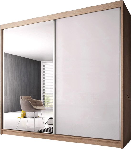 E-MEUBILAIR Zweefdeurkast Kledingkast met Spiegel Garderobekast met planken en kledingstang - 203x61x218 cm (BxDxH) - K006 (Sonoma)