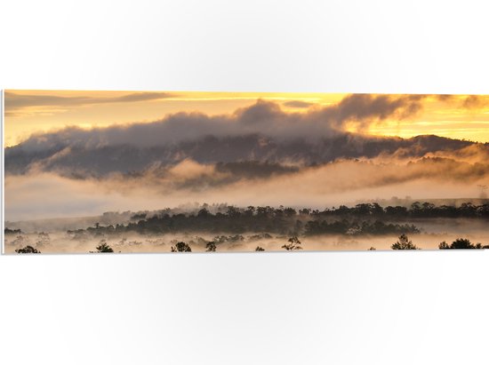 WallClassics - PVC Schuimplaat - Wolken in Boomtoppen op Berg bij Zonsondergang - 90x30 cm Foto op PVC Schuimplaat (Met Ophangsysteem)