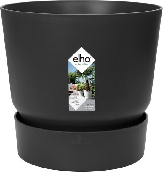 Elho Greenville Rond 25 - Pot De Fleurs pour Extérieur - Plastique 100% recyclé - Ø 24.5 x H 23.3 cm - Living noir