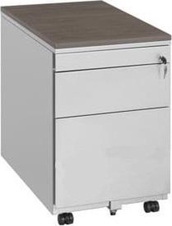 Wit ladeblok met bruin houten blad, twee laden en een pennenlade, op wielen.