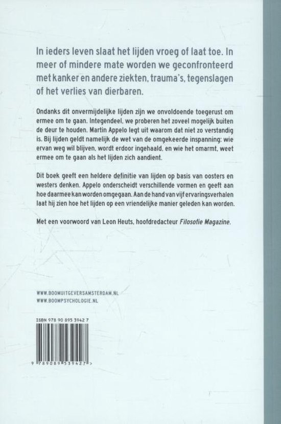 Achterkant van het boek 'Leren lijden' met tekst en ISBN.