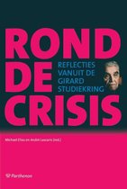 Boekomslag met grote roze letters 'ROND DE CRISIS' op een donkere achtergrond. Rechts een portret van een man.
