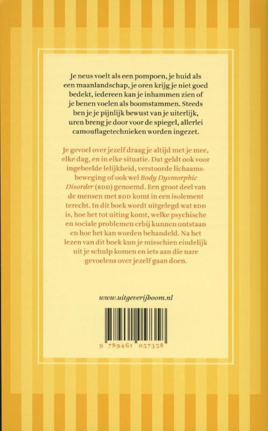 Achterkant van een boek met de titel "Ik voel me zo lelijk" en de ondertitel "Ingebeelde lelijkheid of body dysmorphic disorder".