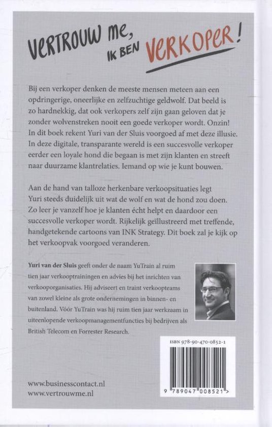 Achterkant boek 'Vertrouw me, ik ben verkoper' met tekst over Yuri van der Sluis en een kleine foto van hem. ISBN 978-90-470-0852-1.