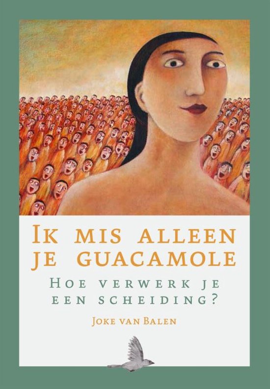Boekomslag: een vrouw kijkt over haar schouder naar een menigte met verbaasde gezichten. Titel "Ik mis alleen je guacamole".