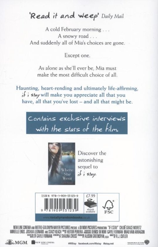 Boekomslag achterkant met de tekst 'Read it and weep' Daily Mail, over een meisje en 'Contains exclusive interviews with the stars of the film'. ISBN en prijs staan onderaan.