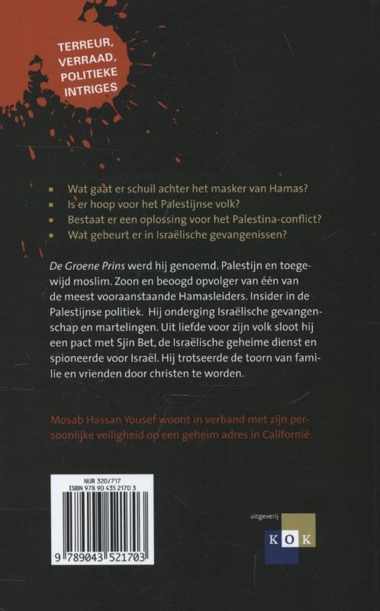 Achterkant van het boek "Zoon van Hamas" met tekst over terreur, verraad en politieke intriges.