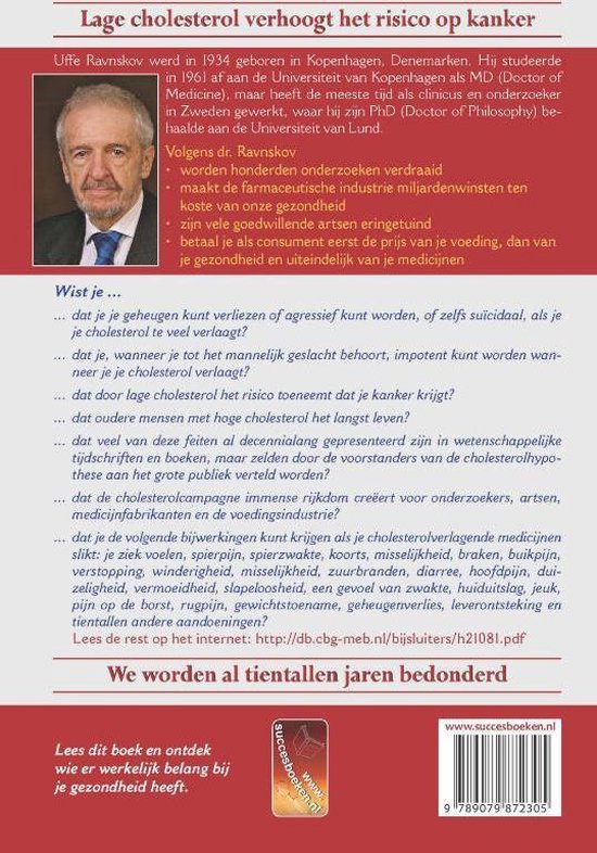 Achterkant boek "Lage cholesterol verhoogt het risico op kanker" met portret van Uffe Ravnskov.