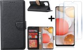 Hoesje Geschikt Voor Samsung Galaxy A42 5G hoesje bookcase Zwart - Galaxy A42 wallet case portemonnee - A42 book case hoes cover - 2X screenprotector / tempered glass