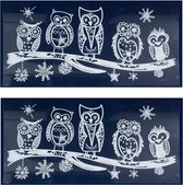 2x Kerst raamversiering raamstickers witte glitter uilen 23 x 49 cm - Raamversiering/raamdecoratie stickers