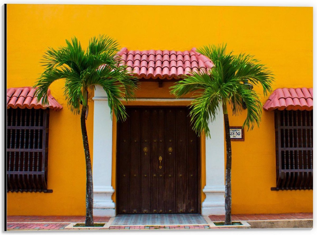 Dibond - Palmbomen bij de Voordeur - 40x30cm Foto op Aluminium (Wanddecoratie van metaal)