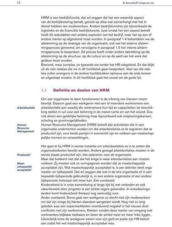 Twee kolommen tekst. De linker kolom bevat de kopjes Arbeidsrelatie, Human Resource Management, Productief en Maatschappelijk acceptabel.