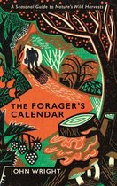 Boekomslag van 'The Forager's Calendar' met een illustratie van een bosrijk landschap in oranje, groen en zwart. Twee figuren lopen op een pad. De tekst 'THE FORAGER'S CALENDAR' staat centraal.