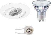 LED Spot Set - Pragmi Uranio Pro - GU10 Fitting - Inbouw Rond - Mat Wit - Kantelbaar - Ø82mm - Philips - MASTER 927 36D VLE - 4.9W - Warm Wit 2200K-2700K - DimTone Dimbaar
