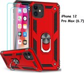 Hoesje Geschikt voor iPhone 12 Pro Max hoesje - Hardcase - Tough armor ring Rood + 2 stuks screenprotector