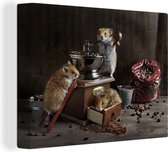 Canvas Schilderij Stilleven van hamsters die koffie maken - 40x30 cm - Wanddecoratie