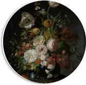 Forex Wandcirkel - Oude meesters - Stilleven: bloemen in een glazen vaas, Rachel Ruysch - 20x20cm Foto op Wandcirkel (met ophangsysteem)