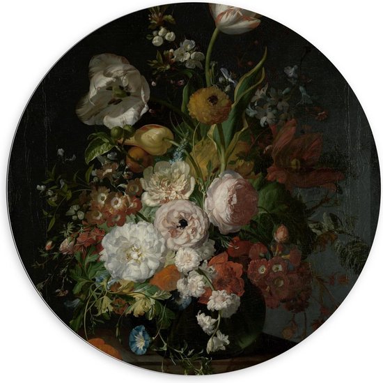 Dibond Wandcirkel - Oude meesters - Stilleven: bloemen in een glazen vaas, Rachel Ruysch - 100x100cm Foto op Aluminium Wandcirkel (met ophangsysteem)