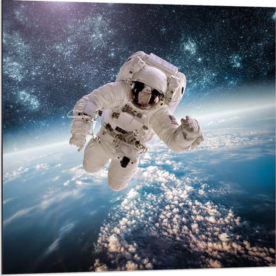 Dibond - Astronaut in de Ruimte - 80x80cm Foto op Aluminium (Met Ophangsysteem)