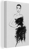 Canvas Schilderij Een zwart-wit illustratie van een vrouw - 20x30 cm - Wanddecoratie