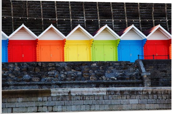 Forex - Gekleurde Strandhuisjes op een rij - 90x60cm Foto op Forex