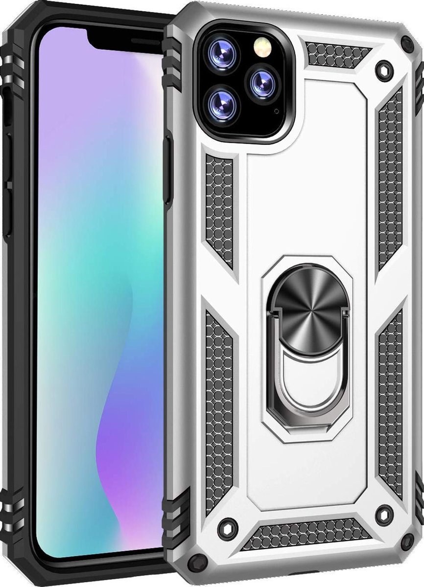 Anti-Shock Hybrid Ring Armor Hoesje - Geschikt voor: iPhone 12 Pro - zilver