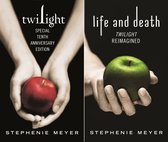 Twee handen houden een appel vast: een rode voor Twilight Special Tenth Anniversary Edition en een groene voor Life and Death Twilight Reimagined.