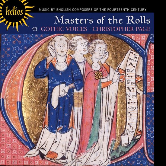 CD-hoes met het opschrift 'Masters of the Rolls'. Drie mannen in middeleeuwse kledij, met bladmuziek.