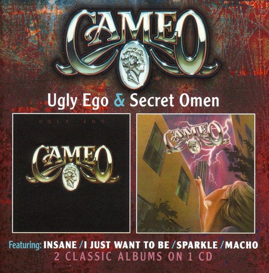 Dubbele albumpresentatie: Links het album "Ugly Ego" met de Cameo-logo op een zwarte achtergrond. Rechts het album "Secret Omen" met een vrouw die naar een gebouw met een blikseminslag kijkt. Beide met Cameo logo.