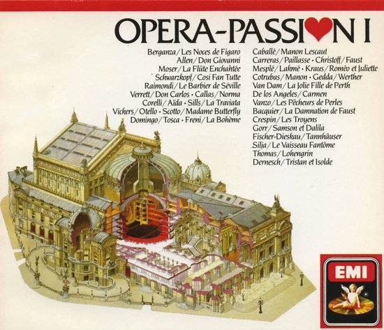Dwarsdoorsnede van een operagebouw met de titel 'OPERA-PASSION I' en een lijst van opera's en zangers.