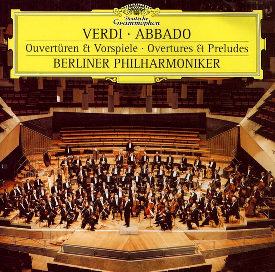 Albumhoes met orkest en dirigent in een concertzaal. Titel: Verdi · Abaddo Ouverturen & Vorspelen Overtures & Preludes Berliner Philharmoniker.