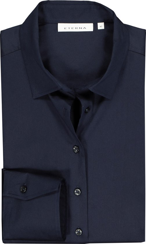ETERNA dames blouse modern classic - stretch satijnbinding - donkerblauw - Maat: 38