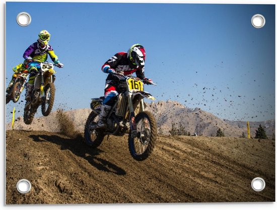 Tuinposter - Twee Motorcrosses op Heuvel - Foto op Tuinposter (wanddecoratie voor buiten en binnen)