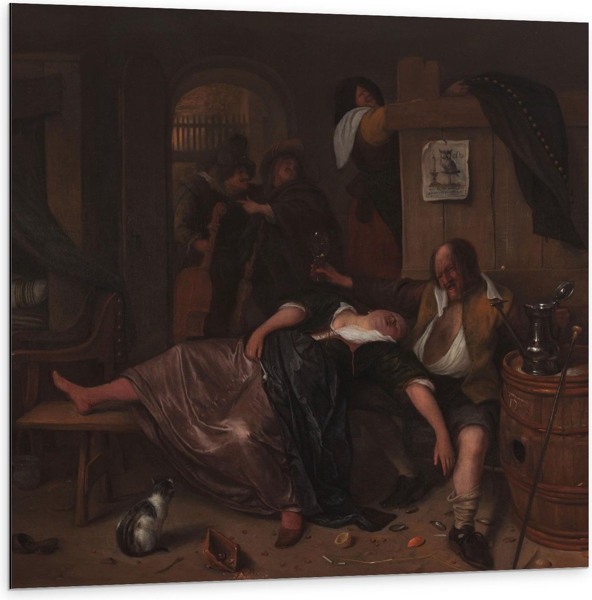 KuijsFotoprint Dibond - Oude Meesters - Het dronken paar, Jan Havicksz. Steen, ca. 1655 - 1665 - 100x100cm Foto op Aluminium (Wanddecoratie van metaal) Bruin