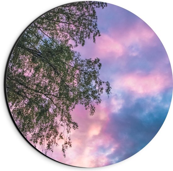 Dibond Wandcirkel - Paars/blauwe Lucht met Boom - 20x20cm Foto op Aluminium Wandcirkel (met ophangsysteem)